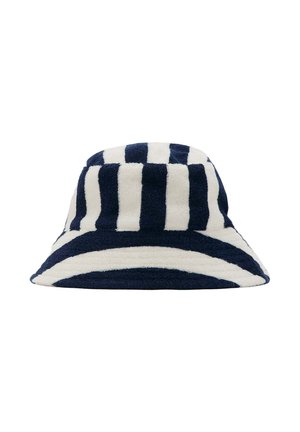 Klobúk bucket so striedavými vertikálnymi a horizontálnymi námorníckymi modrými a bielymi pruhmi vyrobený z mäkkej, textúrovanej látky.