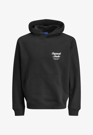 Sort hættebluse med frontlomme og hvid "Originals Studio" tekst på venstre brystområde.
