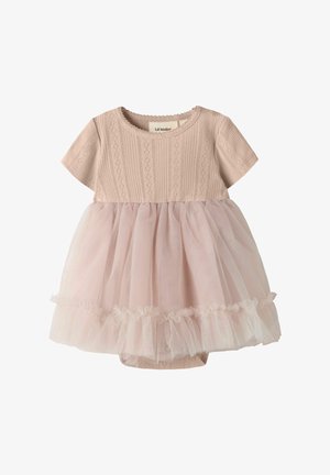 Babyklær med korte ermer og strikket liv i lys beige, prydet med skjørt i myk tyll med rynket kant.