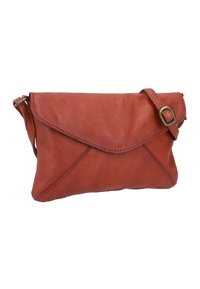 Red leather clutch bag with a folded flap, adjustable strap, and decorative stitching. Smooth texture with minimal hardware accents.