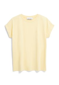 Yellow short-sleeve T-shirt made of soft fabric, featuring a crew neckline and a small embroidered logo on the left side.