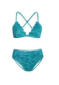 Conjunto de bikini en color verde azulado que presenta un top triangular con bordes festoneados y tirantes cruzados, así como una parte inferior de cintura alta, ambos decorados con patrones florales.