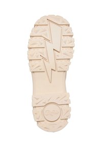 Talpă de cauciuc bej cu un model zigzag, evidențiată de accente texturate și un design cu fulger; emblema circulară de marcă în centrul acesteia.