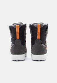Gray and black high-top sneakers with orange accents, made of suede and mesh, featuring padded collar and rubber soles.
