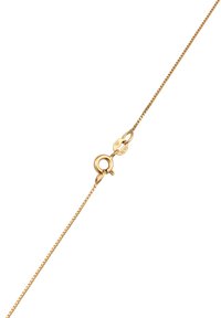 Goldkette mit einem zarten Boxdesign, ausgestattet mit einem Karabinerverschluss und einer Gravur auf dem Verschluss, etwa 18 Zoll lang.