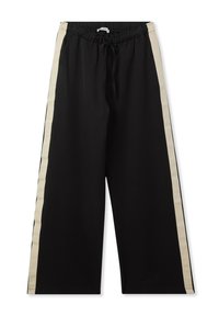 Pantaloni neri a gamba larga con fascia elastica in vita, cordino e strisce verticali beige lungo i lati esterni di ciascuna gamba.
