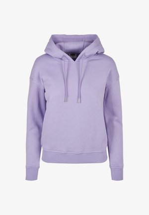 Sudadera lavanda hecha de tela suave, con un bolsillo frontal, puños acanalados y capucha con cordón para un ajuste ajustable.