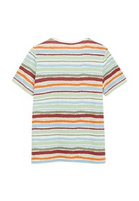 Korte mouwen t-shirt van zachte katoen, met een meerkleurig horizontaal streeppatroon in tinten groen, blauw, oranje en bruin.