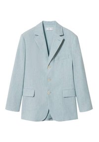 Blazer bleu clair en tissu texturé, doté d'un col cranté, de trois boutons et de deux poches avant. Coupe ajustée, fente simple au dos.