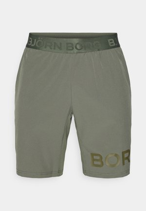 Olivovo zelené športové šortky s elastickým pásom, na ktorom je vystúpený nápis "BJÖRN BORG" a veľké spevnené logo "BORG" na boku.