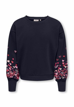 Sweat-shirt bleu marine à manches longues présentant des motifs de cœurs roses, rouges et violets éparpillés sur le bas des manches et des poignets et ourlet côtelés.