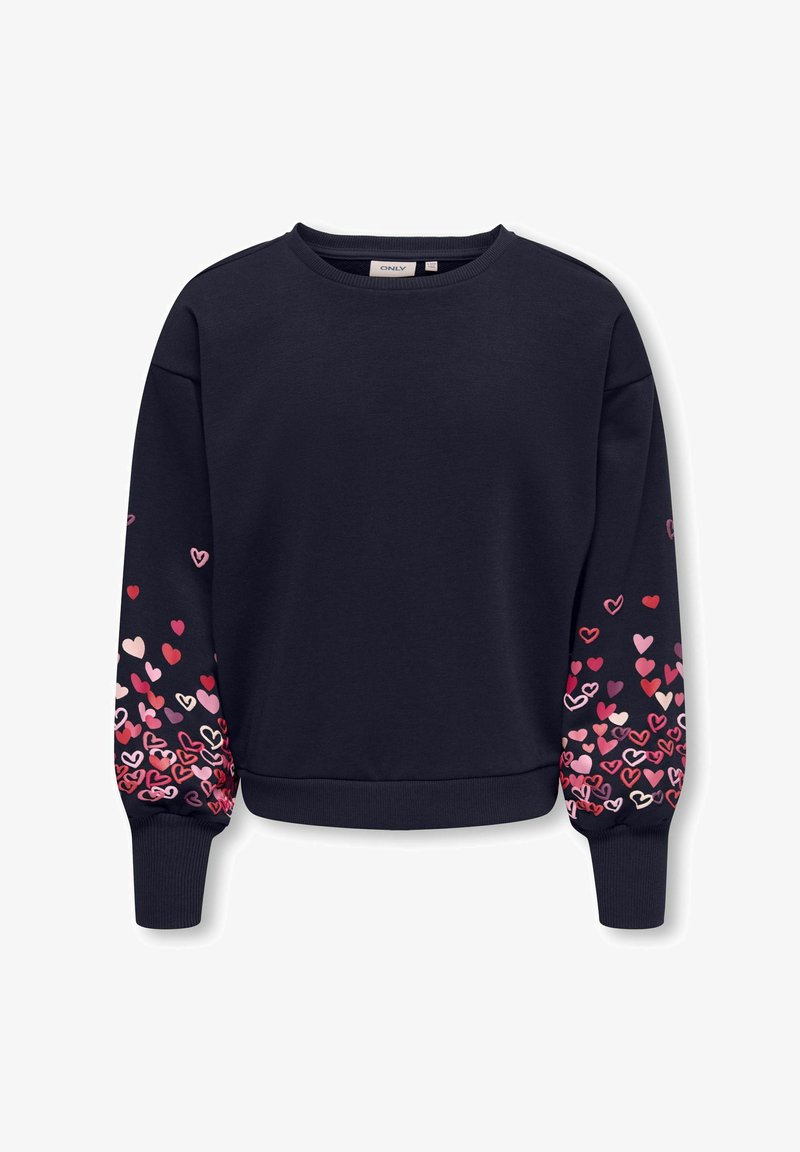 Sweat-shirt bleu marine à manches longues présentant des motifs de cœurs roses, rouges et violets éparpillés sur le bas des manches et des poignets et ourlet côtelés.