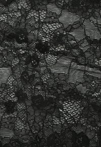 Černá krajka s detailními květinovými vzory, průhlednou texturou, různou šířkou nití a jemným, otevřeným tkaním.