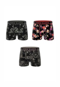 Trois paires de boxers pour hommes avec différents designs : noir à motif floral, imprimé tropical vif, et noir à motifs variés. Tous ont une ceinture élastique.