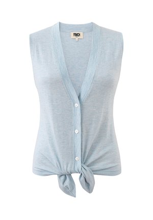 Hellblaues ärmelloses Hemd mit Knöpfen, V-Ausschnitt und Detail mit vorderem Knoten.