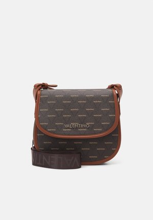 Brown Valentino crossbody bag with all-over logo print, flap closure, and wide adjustable strap with Valentino text.