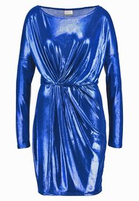 Lesklé modré minišaty s dlouhými rukávy, s volným faldíkovým designem a zúženým pasem. Vyrobené z kovové látky s hladkou texturou a jemným leskem.