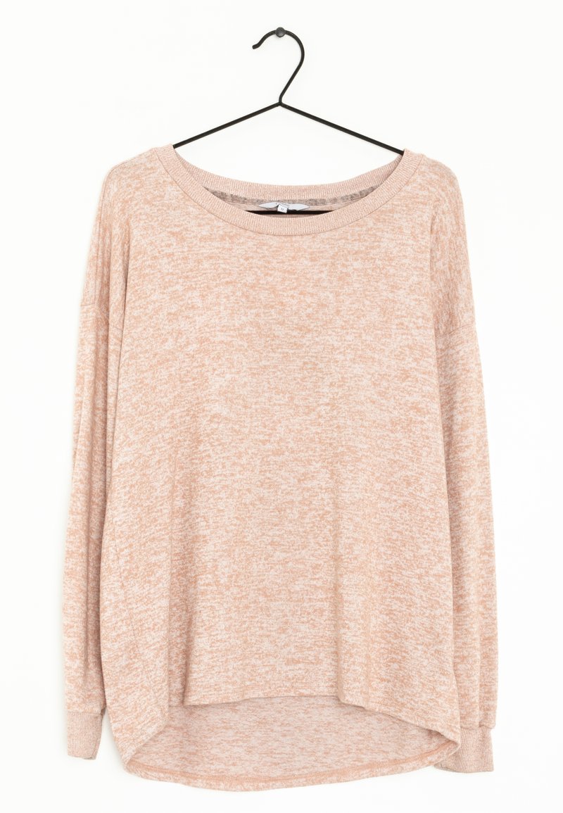 Langärmliger, leichter Pullover in einem melierten Hellrosa. Verfügt über einen weiten Ausschnitt und einen abgerundeten Saum. Weiche Textur und lockere Passform.