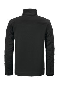 Schwarze Jacke mit hohem Kragen, glatter Textur und tailliertem Design. Verfügt über eine einfarbige und minimalistische Optik, die sich gut zum Layering eignet.
