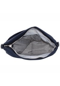 Borsa a mano blu navy con un'esterno liscio, cerniera argentata e un interno caratterizzato da un tessuto grigio chiaro con un delicato motivo logo.