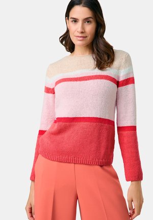 Knitted sweater in shades of pink and red with horizontal stripes; features long sleeves and a rounded neckline, made from soft yarn.