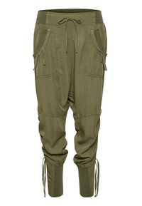 Pantalones jogger cargo de color verde oliva con cintura ajustable, grandes bolsillos frontales con detalles de solapa y tobillos con puños y cordones ajustables.