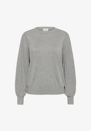 Szary sweter wykonany z miękkiego dzianiny, z prążkowanymi długimi rękawami i klasycznym okrągłym dekoltem. Prosty design bez wzorów czy ozdób.