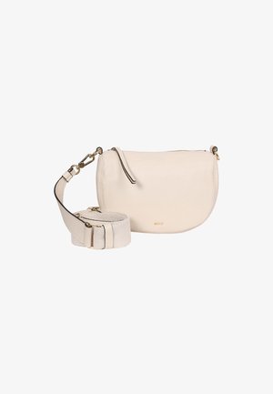 Beige leather handbag with zipper closure, rounded shape, and detachable strap. Features gold hardware and minimalistic branding.