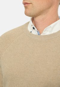 Beige, geripptes Strickpullover mit Rundhalsausschnitt, der ein strukturiertes Muster aufweist. Darunter ist ein weißes Hemd mit blauen Akzenten sichtbar.
