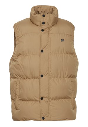 Vest puffer, culoare bej, guler înalt, închidere cu capse, accente negre, două buzunare laterale, textură matlasată.