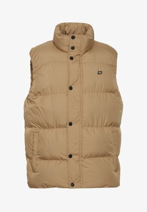 Vest puffer, culoare bej, guler înalt, închidere cu capse, accente negre, două buzunare laterale, textură matlasată.