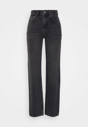 High-waisted black straight-leg jeans with front button and zipper, five-pocket design, and belt loops.