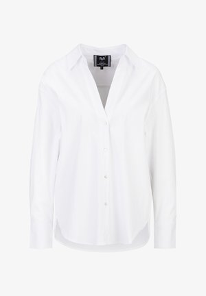 White long-sleeve button-up shirt with collar and a slightly curved hem, displayed on a plain white background.