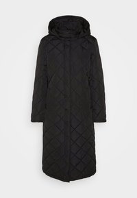 Cappotto lungo trapuntato nero con cappuccio, caratterizzato da un motivo a rombi, tasche laterali e una linea dritta. Realizzato in materiale leggero.