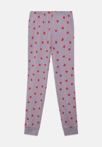 Μωβ παντελόνι με κόκκινο μοτίβο καρδιάς, φτιαγμένο από απαλό ύφασμα. Διαθέτει ελαστική μέση και στενά μανσέτα στους αστραγάλους.