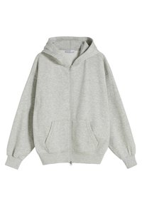 Jasnoszara bluza z kapturem na zamek błyskawiczny, z przodu zamek, dwie boczne kieszenie oraz kaptur ze sznurkiem. Posiada ściągacze na mankietach i miękką, teksturowaną tkaninę.