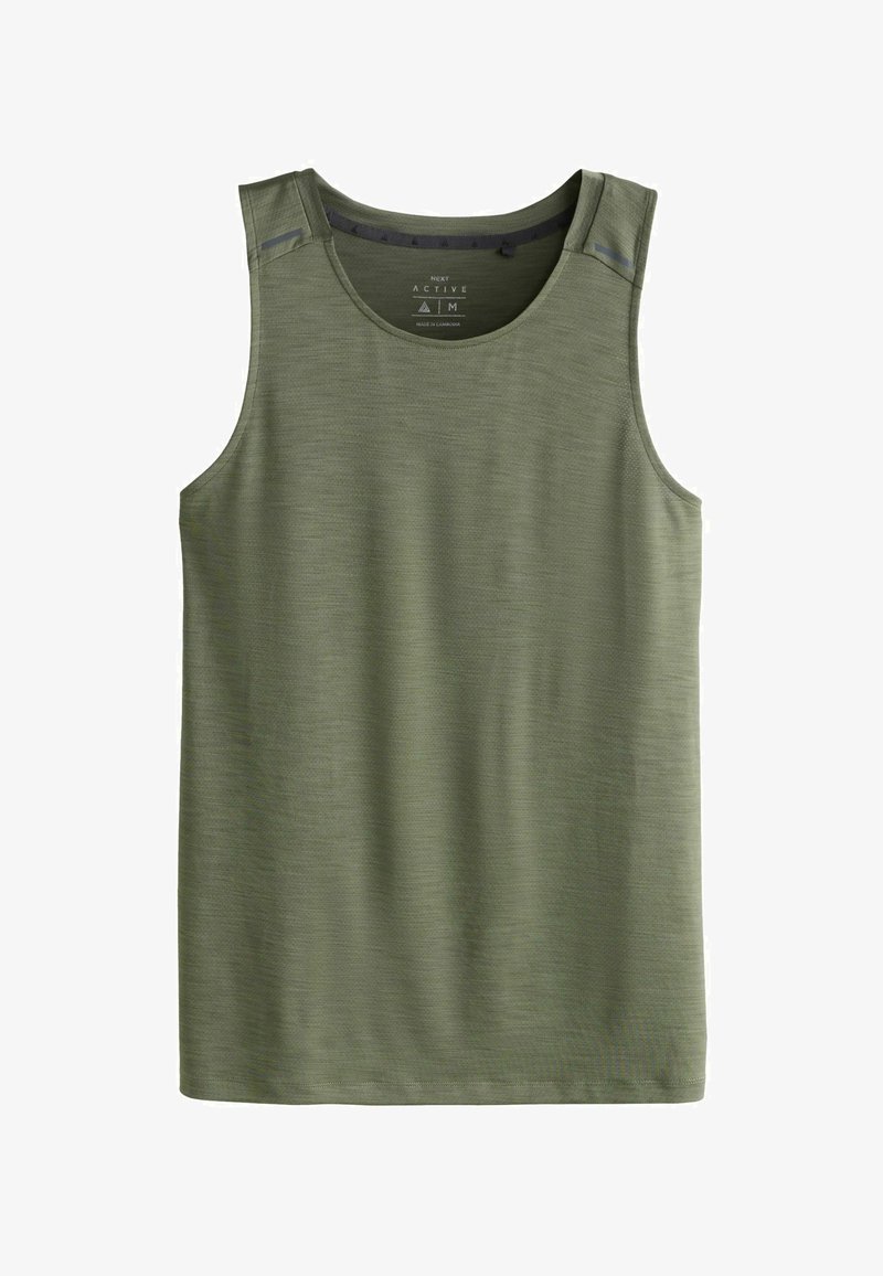 Débardeur de sport sans manches vert olive avec col rond, taille moyenne, et texture subtile, conçu pour une tenue active.