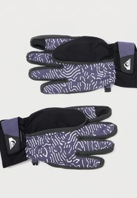 Μωβ γάντια με μαύρη παλάμη, διακοσμημένα με ένα λευκό κυματιστό μοτίβο, λάστιχα από καουτσούκ και ρυθμιζόμενο μανίκι για ασφαλή εφαρμογή. Ενισχυμένες άκρες δαχτύλων.