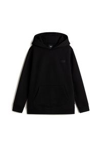 Schwarzer Hoodie aus Baumwollmischung, mit einer frontalen Kängurutasche, gerippten Bündchen und einem strukturierten "VANS"-Logo auf der Brust.