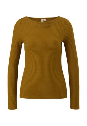 Rippstrickpullover mit langen Ärmeln in senfgelb. Verfügt über einen Bootsausschnitt und eine taillierte Form mit strukturiertem Stoff. Keine sichtbaren Beschläge oder Akzente.