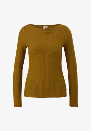 Pull à manches longues côtelé en jaune moutarde. Caractéristiques d'un col bateau et d'une coupe ajustée avec un tissu texturé. Aucun matériel ou accent visible.