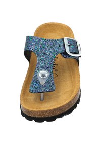 Glitzernde lila und blaue Riemensandale mit einem Korkfußbett, dicker schwarzer Gummisohle, verstellbarem silbernem Schnallenverschluss und Zehensteg im Flip-Flop-Stil.