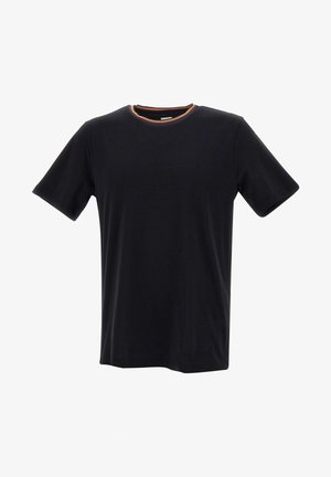 Czarna koszulka z krótkim rękawem i okrągłym dekoltem, ozdobiona wielokolorowymi akcentami. Wykonana z gładkiej bawełny, o luźnym kroju.