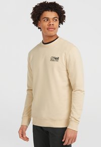 Felpa beige con collo rotondo, maniche lunghe e un piccolo logo nero sul petto. Tessuto in misto cotone con una texture liscia.