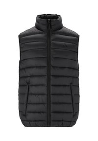 Schwarze, gepolsterte Weste mit hohem Kragen, horizontal gestepptem Design und einem Reißverschluss vorne. Verfügt über seitliche Taschen und ein kleines Logo-Detail.
