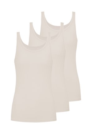 Drei beige ärmellose Tanktops, gestapelt und von vorne vor weißem Hintergrund gezeigt.