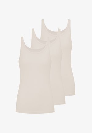 Trois débardeurs beige sans manches empilés avec vue de face sur fond blanc.