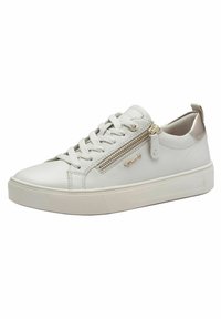 Sneakers bianchi in pelle con punta rotonda, lacci tonali, cerniera laterale decorativa e finitura liscia. Presentano una suola in gomma bianca testurizzata.