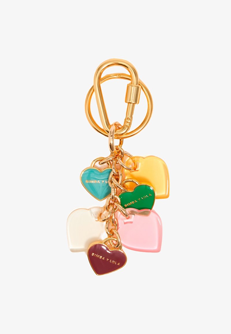 Gold keychain with five colorful, heart-shaped charms in teal, green, white, pink, and orange, featuring the brand name engraved on two charms.