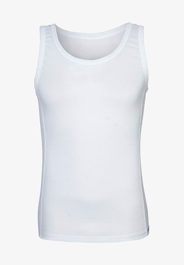 Débardeur en ribbed blanc sans manches avec encolure ronde et style ajusté, présenté sur un fond uni.